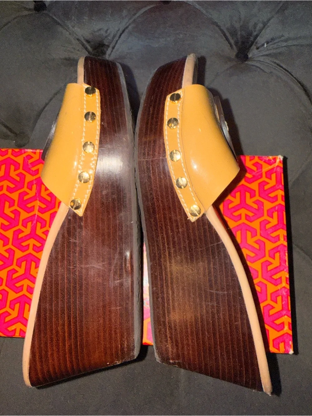 Tory Burch Mustard Leather Wedge Slide Mules